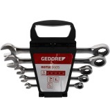 Set chei inelare cu clichet 5 piese GEDORE R07105005, 8&ndash;19 mm, mecanism 72 dinti, unghi 15&deg;, otel crom-vanadiu, finisaj crom satinat