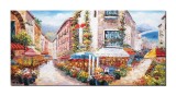Tablou GIGANT pictat manual, Peisaj citadin mediteranean, pe aleea cu cafenele, 140x70cm ulei pe panza, Valentin Pop