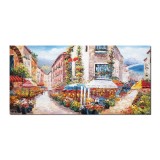 Tablou gigant pictat manual living, dormitor, Peisaj citadin, pe aleea cu flori, 140x70cm ulei pe panza in cutit efect 3D, gata de expus pe perete