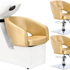 Set de mașini de spălat frizerie Greta aurii și 2 x scaune de frizerie suport hidraulic pivotant pen