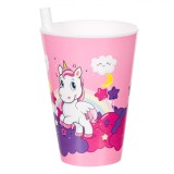 Pahar Plastic Unicorn, Roz, Capacitate 400ml, Pai Incorporat, Oem