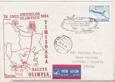 bnk fil Plic stampila ocazionala Expolimp `84 Zbor Timisoara-Bucuresti-Atena- Olimpia foto