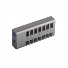 Hub USB 3.0 cu 7 porturi USB 3.0 pentru cu buton de intrerupere activitate si alimentare priza 12V, gri foto