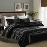 Cumpara ieftin Set Lenjerie de Pat, Matase, 200 x 200 cm, + Set 2 Fata de Perna 80 x 80 cm, Negru - CN