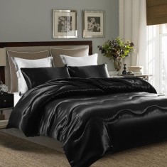 Set Lenjerie de Pat, Matase, 200 x 200 cm, + Set 2 Fata de Perna 80 x 80 cm, Negru - CN