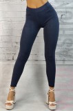 Colanti Termici Dama Bleumarin Talie Inalta M/L, Banda Elastica, Buzunare, Imitatie Piele, Ideal Iarna