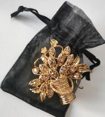 Brosa-VINTAGE-ghiveci flori placata Aur 18k, cristale