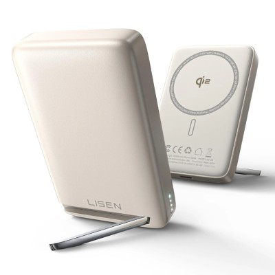 Acumulator magnetic Power Bank, LISEN 102B, wireless 15W, cablu 22,5W, capacitate10000mAh, stand integrat, compatibil iPhone MagSafe foto