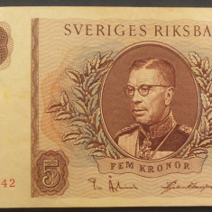 Bancnota 5 COROANE / KRONUR - SUEDIA, anul 1956 * cod 29 B = A.UNC