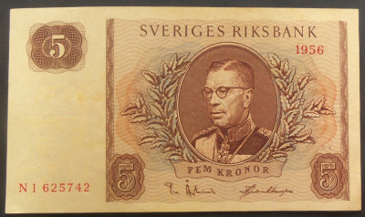Bancnota 5 COROANE / KRONUR - SUEDIA, anul 1956 * cod 29 B = A.UNC foto
