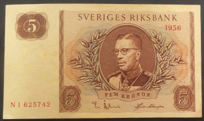 Bancnota 5 COROANE / KRONUR - SUEDIA, anul 1956 * cod 29 B = A.UNC foto