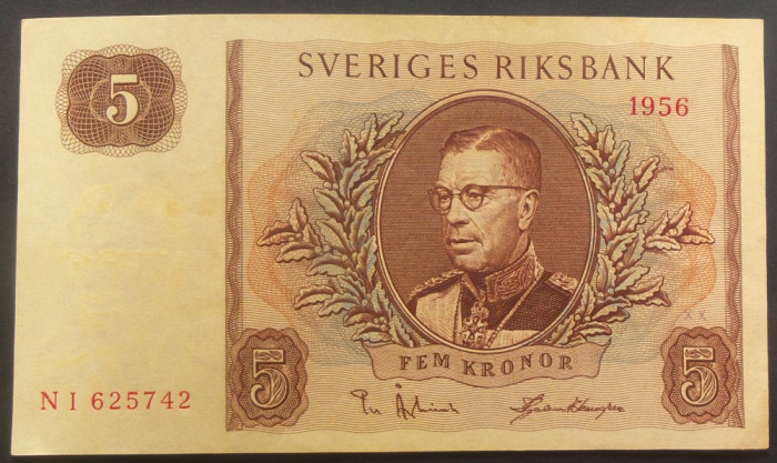Bancnota 5 COROANE / KRONUR - SUEDIA, anul 1956 * cod 29 B = A.UNC