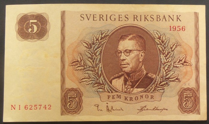 Bancnota 5 COROANE / KRONUR - SUEDIA, anul 1956 * cod 29 B = A.UNC