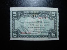 SPANIA BILBAO 5 PESETAS 1937 EXCELENTA foto