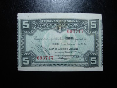 SPANIA BILBAO 5 PESETAS 1937 EXCELENTA foto