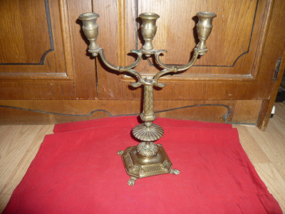 Sfesnic fier si bronz sec.XIX , cu 3 suporturi lumanari , h=30cm foto
