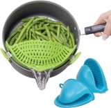 Set de strecuratoare si 2 manusi pentru oale Capoferri, silicon, verde/albastru, 22 x 8 x 5,99 cm