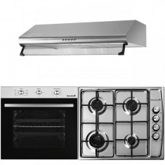 Pachet incorporabil Hausberg Cuptor electric HB-8053IN, Clasa A, 71L, 2225W, Negru/Inox, Plita Incorporabila HB-555, 4 arzatoare, Gaz, Inox, Hota inco