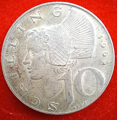 (A60) MONEDA DIN ARGINT AUSTRIA - 10 SCHILLING 1965, PURITATE 640, 7,5 GRAME foto