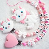 Lănțișor pentru suzetă personalizat și figurină dentitie cu pisica Marie