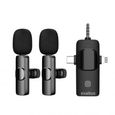 Set 2 microfoane profesionale lavaliera, Exaltus®, USB C, 3.5 Jack, Lightning, Wireless live, 2.4 GHz, interviuri, Reincarcabile, Reducerea zgomotului