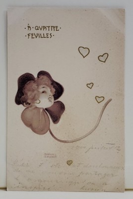 A QUATRE FEUILLES , CROMOLITOGRAFIE DUPA O GRAVURA de RAPHAEL KIRCHNER , CARTE POSTALA , CLASICA foto
