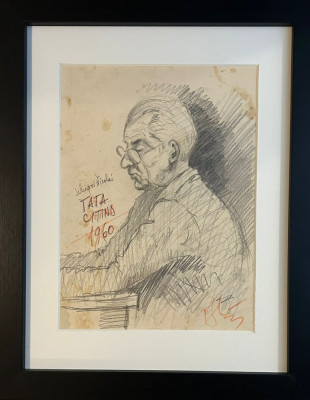 Tablou 1960 Portret Tata citind Grafica in creion inramat 33x41cm foto