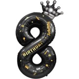 Cumpara ieftin Balon folie cifra 8 cu coroana Happy Birthday 100 cm, negru, umflare aer sau heliu, aniversare decor petrecere