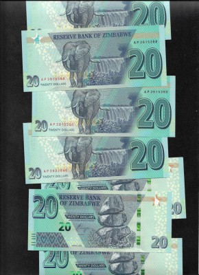 Zimbabwe 20 dollars 2020 aunc unc pret pe bucata foto