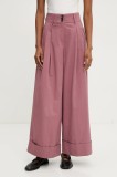 Answear Lab pantaloni de bumbac femei, culoarea roz, drept, high waist