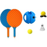 Set Badminton pentru Copii, Cyrax, Doua Palete, Fluturas, 2 Mingi, Minge cu Elastic pentru Antrenament, Suport de Prindere Stabil, 41x23 cm, Albastru