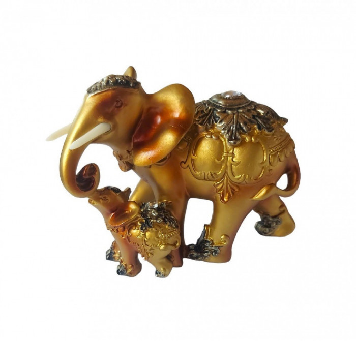 Statueta decorativa, Elefant cu pui, Auriu, 15 cm, XQ13009