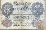BNKSTR03DE Bancnotă Veche Germania 20 Mark 1907 (Reichsbanknote), Perioada Imperială, Vulturul German, Colecție / Numismatică