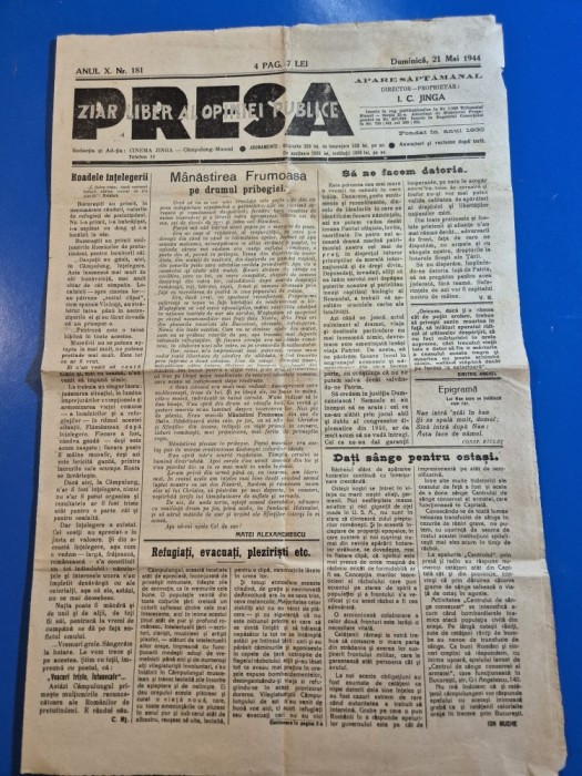 ziarul presa 21 mai 1944 - ziar din campulug muscel
