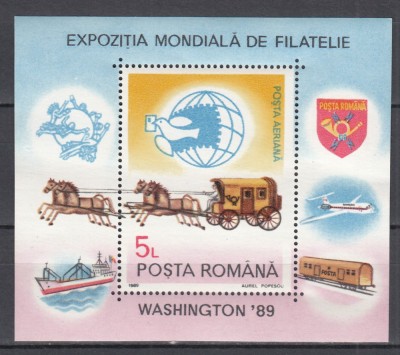 ROMANIA 1989 LP 1230 EXPOZITIA MONDIALA DE FILATELIE WASHINTON 89 COLITA MNH foto