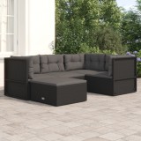 Set șezlonguri de grădină, 5 piese, cu perne, negru, poliratan