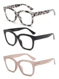 Set de 3 ochelari de citit pătrați oversize JM, ochelari pentru presbiopie pentru femei cu blocare a luminii albastre +2.0, negru și gri țestoasă și r
