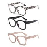 Set de 3 ochelari de citit pătrați oversize JM, ochelari pentru presbiopie pentru femei cu blocare a luminii albastre +2.0, negru și gri țestoasă și r