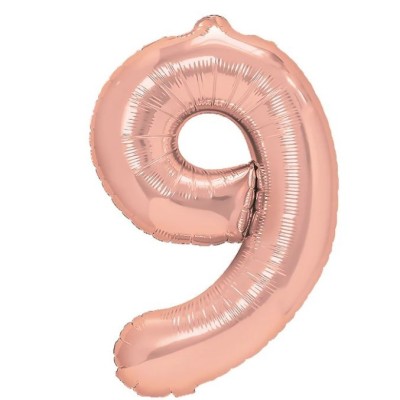 Balon din folie metalizata flippy, figurina cifra, tema aniversare 80 cm, ambalaj individual, pai inclus, umflare cu aer sau heliu, rose gold, cifra 9 foto