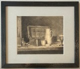Tablou pictor roman 1953 Natura Moarta grafica in tus inramat 29x34cm, Natura statica, Cerneala, Realism