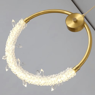 Lustra LED suspendata cu telecomanda, inel cu diamante, 35W, lumina neutra 4000K, diametru 30cm, culoare corp auriu, inaltime reglabila 1M foto
