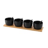 Set 4 boluri de servire din ceramica cu suport bambus, negre, Zass