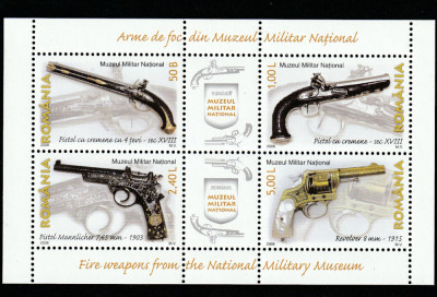 Romania 2008-Arme de foc din Muzeul National Militar,bloc 4 valori cu tabs foto