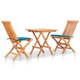 VidaXL Set bistro cu perne albastre, 3 piese, lemn masiv de tec