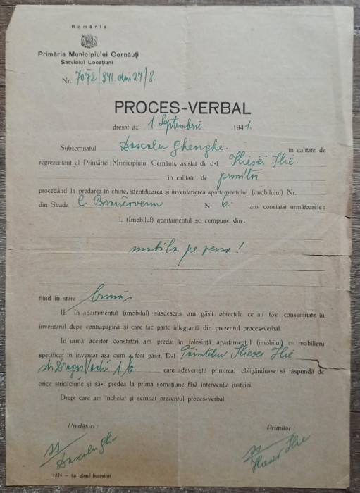 Proces verbal privind chirie, Primaria Municipiului Cernauti 1941