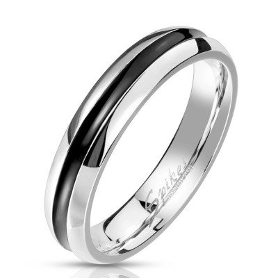 Inel din oțel &amp;icirc;ntr-un design colorat argintiu - o dungă cu smalț negru, 4 mm - Marime inel: 70 foto