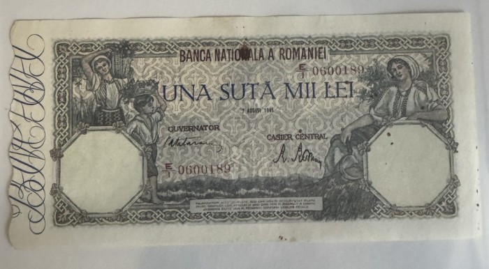 100.000 lei August 1945 Xf-Aunc Rara!