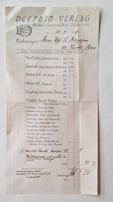 Factură Delphin-Verlag M&amp;uuml;nchen 1919 &amp;mdash; Delphin-Kunst-B&amp;uuml;cher, total 3,20 M foto