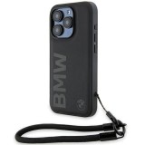 Husa BMW iPhone 15 Pro Signature Leather Wordmark Cord, negru mat, BMHCP15L23RMRLK