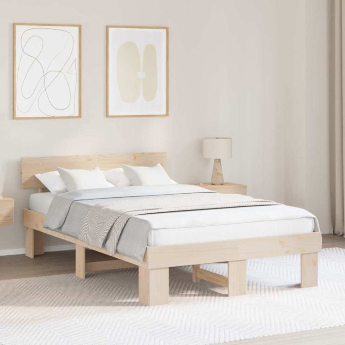 vidaXL Cadru de pat cu headboard Maro 135 x 190 cm Lemn masiv de pin 872575